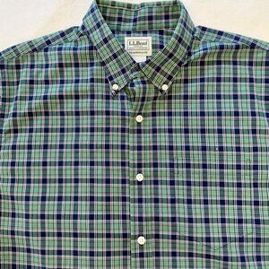 L.L. Bean Plaid Button Down Men's L Casual Short Sleeve Green Blue Classic